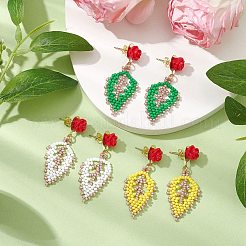 Boucles d'oreilles roses avec perles de rocaille en forme de feuille&nbsp;EJEW-MZ00222