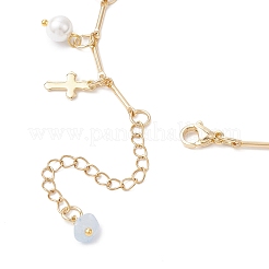 Fußkettchen mit natürlichem Aquamarinsplitter und runder Muschelperle und Kreuzquaste&nbsp;AJEW-AN00716-01