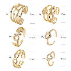 6 Stück 6 Stile Messing Micro Pave klare Zirkonia Manschettenringe&nbsp;RJEW-LS0001-45G