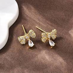 Серьги-гвоздики с бантом из латуни с микропаве из прозрачных кубических цирконий&nbsp;EJEW-F400-14G