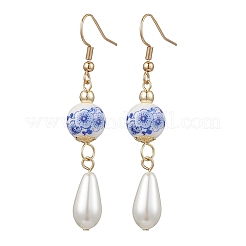 Круглые с цветочным узором фарфоровые керамические серьги-подвески&nbsp;EJEW-JE06347-01