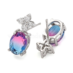 Латунные серьги-гвоздики с цветком и овалом из кубического циркония для женщин&nbsp;EJEW-I304-26P-09