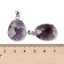 天然石アメジストペンダント  真鍮と鉄の金具が付いたファセット加工の楕円形のチャーム  プラチナ  26x17x5~6mm  穴：4.5mm&nbsp;G-H086-01P-02