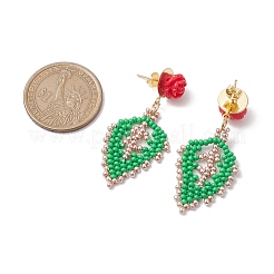 Boucles d'oreilles roses avec perles de rocaille en forme de feuille&nbsp;EJEW-MZ00222-03
