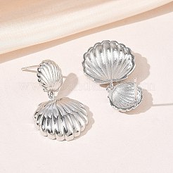 女性用真鍮製スタッドピアス  ラックめっき  長持ちメッキ  鉛フリー＆カドミウムフリー  プラチナ  シェル形状  29x17mm&nbsp;EJEW-A167-02A-P