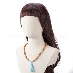 ナチュラルフラワーアマゾナイト＆ウッドラウンドビーズラップブレスレット  女性用ポリエステルタッセルビッグペンダント付き22-7/8ループブレスレット  ペルー  58インチ（{2}cm）&nbsp;BJEW-JB08092