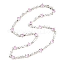 Collares de eslabones en forma de corazón con circonitas cúbicas rosas y pavé de latón&nbsp;KK-CBA4547-16A-P