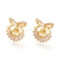 Серьги-гвоздики с бантом из латуни с микропаве из прозрачного кубического циркония KK-T071-14G