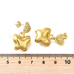 Висячие серьги-гвоздики с сердцем и бабочкой из латуни с микропаве из прозрачных кубических цирконий&nbsp;EJEW-Z099-01G