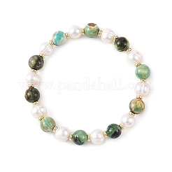 Pulseras elásticas redondas de cuentas de jaspe verde natural de 8 mm y perlas cultivadas de agua dulce para mujer.&nbsp;BJEW-JB14239