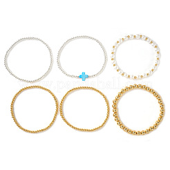 6 Stück 6 verschiedene Stile Messing- und Imitationsperlen-Rundarmbänder-Set&nbsp;WS3867-2