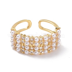 Открытое прямоугольное кольцо из прозрачного кубического циркония с акриловыми жемчужными бусинами&nbsp;RJEW-P032-17G