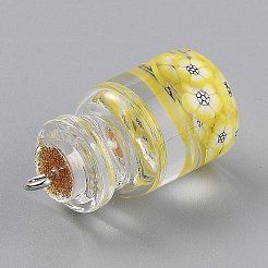 透明ガラスウィッシングボトルペンダントデコレーション  中に樹脂とプラスチックのキャンディーが入っています  コルク栓  きいろ  29x15mm  穴：2mm&nbsp;LS-EGLA-B002-02A