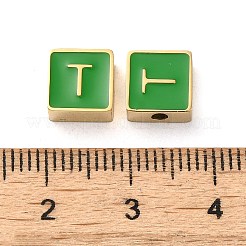 304ステンレススチールエナメルビーズ  14KGP本金メッキ  文字のある正方形  文字t  8x8x4mm  穴：2mm&nbsp;STAS-L022-293G-T