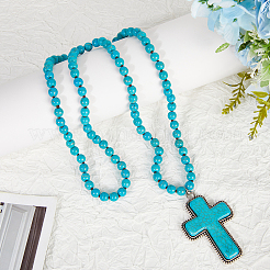 Сплав паве окрашенный синтетический бирюзовый крест кулон 8 мм круглые бусины ожерелья для женщин NJEW-WH20816-005AS