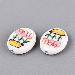 Perles ovales en porcelaine peintes à la main en forme de tulipe&nbsp;PORC-N012-11C
