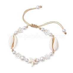 Регулируемые браслеты из натуральной ракушки каури и АБС-пластика с жемчужными бусинами для женщин BJEW-JB11870