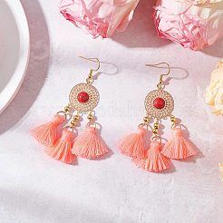 Плоские круглые серьги-подвески из поликоттона с кисточками из нержавеющей стали 304 EJEW-JE06452