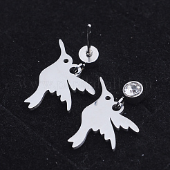 201 ステンレススチール ダングル スタッド イヤリング  クリアキュービックジルコニア  鳥  ステンレス鋼色  19.5mm  ピン：0.8mm&nbsp;EJEW-T008-JN748