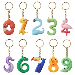 10 Stück Schlüsselanhänger mit Tiernummern aus PVC-Kunststoff, mit eisernen Schlüsselringen, Fuchs/Giraffe/Schwan, neblige Rose, 10~11 cm, 10 Stil, 1pc / style, 10 Stück / Set
