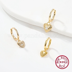3 Pair 3 Style Cubic Zirconia Heart Dangle Hoop Earrings for Women, 925 Sterling Silver Jewelry, Real 18K Gold Plated, 18~22mm, 1 Pair/style