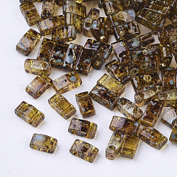 Cuentas de semillas de vidrio transparente de 2 orificio, estilo antiguo, Rectángulo, vara de oro oscuro, 4.5~5.5x2x2~2.5mm, agujero: 0.5~0.8 mm