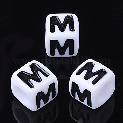 Perles de lettre de trou horizontal acrylique, cube, lettre m, blanc, taille:  Largeur environ 7mm, Longueur 7mm, hauteur de 7 mm , Trou: 3.5mm, environ 200 pcs/50 g