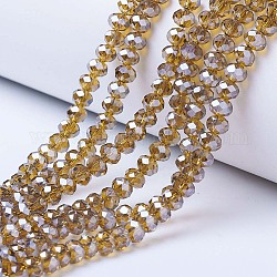 FilI di perline in vetro placcato, lustro di perla placcato, sfaccettato, rondelle, verga d'oro scuro, 4x3mm, Foro: 0.4 mm, circa 123~127pcs/filo, 16.5~16.9 pollice (42~43 cm)