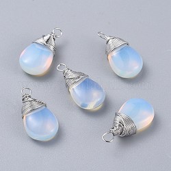 Opalite Pendants, with Platinum Plated Brass Wire, Teardrop, 24~30x13~16x8mm, Hole: 3x3.5mm