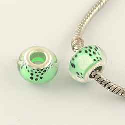 Large Hole Spot Pattern Acrylic European Beads, with Silver Tone Brass Double Cores, Rondelle, Light Green, 14x9mm, Hole: 5mm