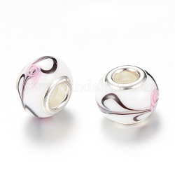 Rondelle Lampwork Large Hole European Beads, with Silver Color Plated Brass Cores, White, 13~14x10~11mm, Hole: 5mm