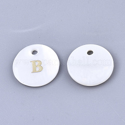 Breloque de coquille de nacre blanche naturelle, avec autocollant de fer, plat rond avec la lettre, letter.b, 13x2mm, Trou: 1.5mm