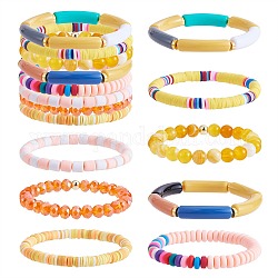 Ensemble de bracelets extensibles en perles de verre et jaspe impérial synthétique 8pcs 6 styles, bracelets heishi surfeur en pâte polymère, bracelets épais en tube incurvé en acrylique pour femmes, jaune, diamètre intérieur: 2-1/8 pouce (5.5 cm)