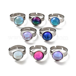Flat Round K9 Glass Adjustable Ring, 304 Stainless Steel Jewelry for Women, Stainless Steel Color, Mixed Color, US Size 6 1/4(16.7mm), Ring Surface: 12x6mm