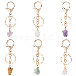 Nbeads 6Pcs 6 Styles Nuggets Natural Gemstone Wire Wrapped Keychain Key Ring, for Handbag, Car Decoration, 8~9cm, 1pc/style