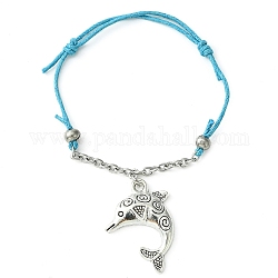 Bracelet à breloques dauphin en alliage avec chaînes en acier inoxydable, bracelet réglable, argent antique, diamètre intérieur: 1-7/8~2-5/8 pouce (4.9~6.7 cm)