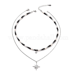 Set di collane con pendente a stella in zirconi chiari, ossidiana naturale e roccia lavica e catene di perline di perle collane impilabili da donna, platino, 15.71~17.48 pollice (39.9~44.4 cm), 1pc / style