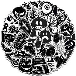 Schwarze selbstklebende Bildaufkleber, wasserfeste Vinyl-Aufkleber, für wasserflaschen laptop telefon skateboard dekoration, Halloween-Themenmuster, 26~75x28~78x0.2 mm, 50 Stück / Beutel