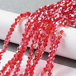 Chapelets de perles en verre, de couleur plaquée ab , facette, Toupie, rouge, 3x3~3.5mm, Trou: 0.5mm, Environ 125~130 pcs/chapelet, 15.5 pouce