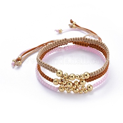Ensembles réglables de bracelets de perles tressés de fil de nylon, avec perles rondes en laiton doré, couleur mixte, diamètre intérieur: 2-1/8 pouce ~ 3-1/2 pouces (5.4~9 cm), 3 pièces / kit