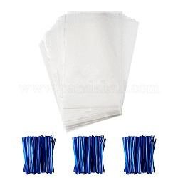 OPP Cellophane Bags, with Plastic & Iron Core Wire Twist Ties, Rectangle, Blue, 25x15cm, 100pcs/set