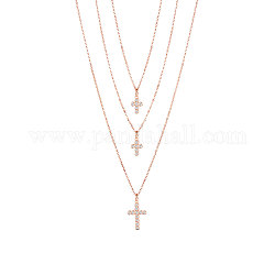 SHEGRACE 925 Sterling Silver Tri-Tiered Necklaces, with AAA Cubic Zirconia, with S925 Stamp, Cross, Rose Gold, 18.11 inch(46cm)