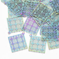 Ion Plating(IP) 201 Stainless Steel Filigree Pendants, Etched Metal Embellishments, Rhombus, Rainbow Color, 38x36x0.3mm, Hole: 1.6mm, Diagonal Length: 38mm, Side Length: 26mm
