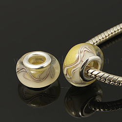 Handmade Lampwork European Beads, with Silver Plated Brass Double Cores, Rondelle, Yellow, 13x8mm, Hole: 5mm