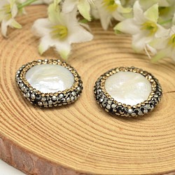 Flache runde Schale Perlen, mit Fimo Strass, weiß, 22~23x5 mm, Bohrung: 1 mm