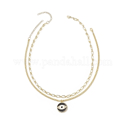 2Pcs 2 Style Clear Cubic Zirconia Horse Eye Pendant Necklace Set, Brass Paperclip Chains Necklaces for Men Women, Black, 14-5/8~17-3/4 inch(37.2~45cm), 1Pc/style
