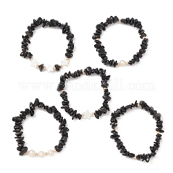 Set di braccialetti elasticizzati con chip di ossidiana naturale da 5 pz, braccialetti impilabili con stella in conchiglia naturale, diametro interno: 5 pollice (2-1/8 cm), 5.3pc / style