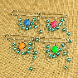 Fashion Tibetan Style Brooches, with Glass Pearl Beads, Resin Cabochons, Iron Chains and Iron Kilt Pins, Dark Turquoise, 85mm