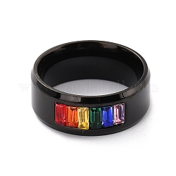 Rainbow Pride Finger Ring, Wide Flat Titanium Steel Finger Ring for Men Women, Electrophoresis Black, US Size 7(17.3mm)