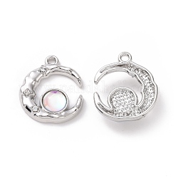Alloy Pendants, with Crystal Rhinestone and Plastic Beads, Moon, Platinum, 20x16x5mm, Hole: 1.6mm